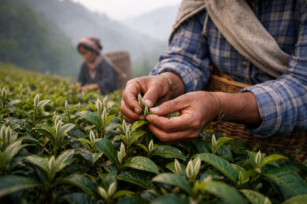 Hand-plucking fresh buds of Darjeeling White Tea in a misty Himalayan tea garden, showcasing traditional harvesting of premium white tea leaves.