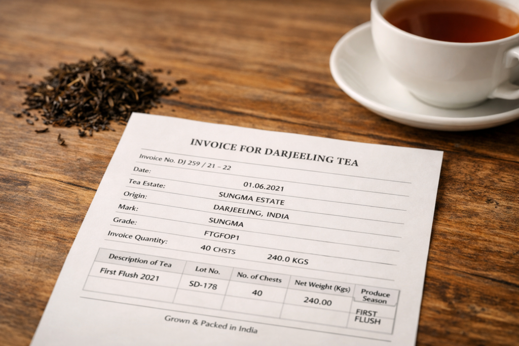 Close-up photograph of an authentic Darjeeling tea document on a wooden table, clearly showing the Tea invoice number, garden name, origin details, and first flush information, with loose tea leaves and a white ceramic teacup softly blurred in the background under warm natural light.