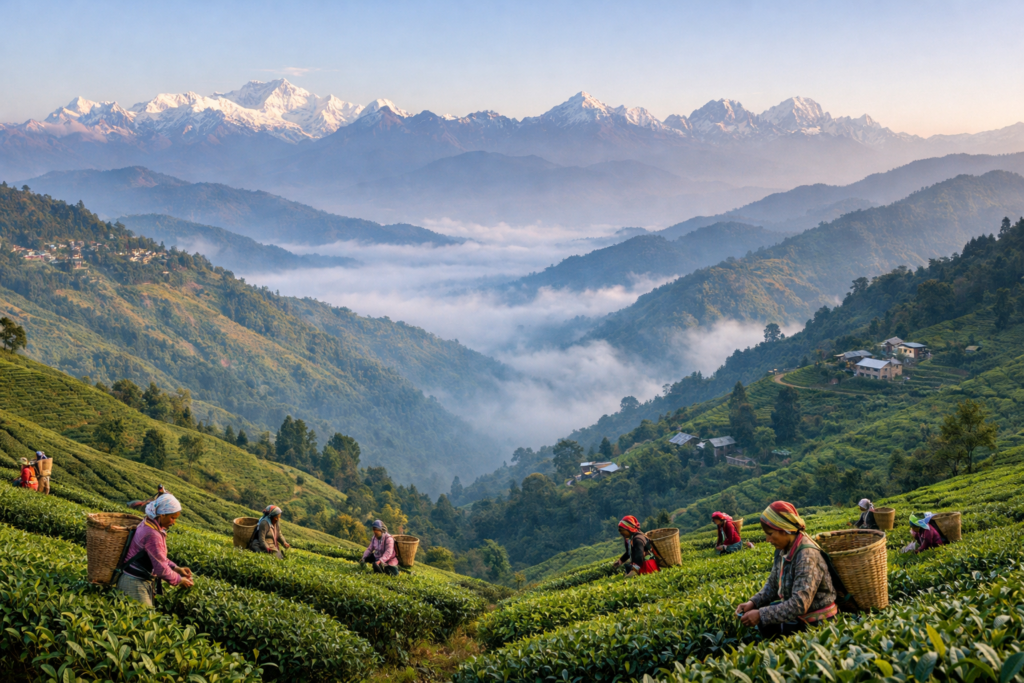Wide cinematic view of misty Himalayan tea gardens comparing Nepal vs Darjeeling Tea, with lush green plantations on rolling hills, traditional tea pluckers at work, and snow-capped mountains glowing in soft morning light.