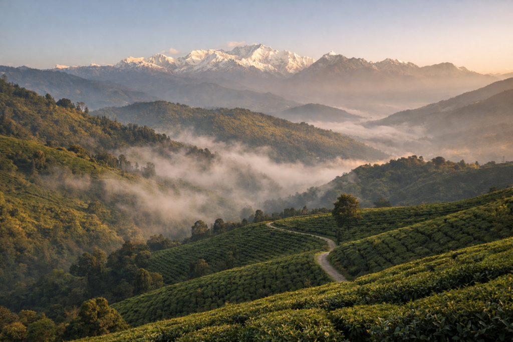 Wide cinematic view of misty Darjeeling tea gardens in the Himalayan foothills, showing rolling green tea plantations, winding paths, and distant snow-capped peaks in soft morning light, representing the authentic terroir featured in the List of Darjeeling Tea Gardens.