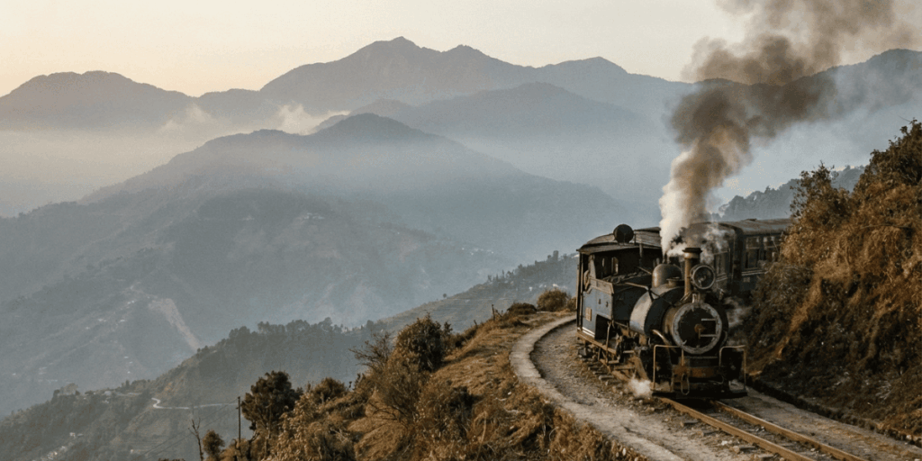 Historic steam locomotive of the Darjeeling Himalayan Railway winding through the misty Himalayan mountains, symbolizing its role in Darjeeling’s colonial-era transport and tea history