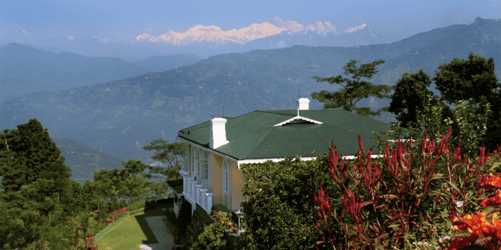 Heritage bungalow overlooking the Himalayas at Glenburn Tea Estate, highlighting Glenburn Tea Estate Tourism with luxury stays amid tea gardens