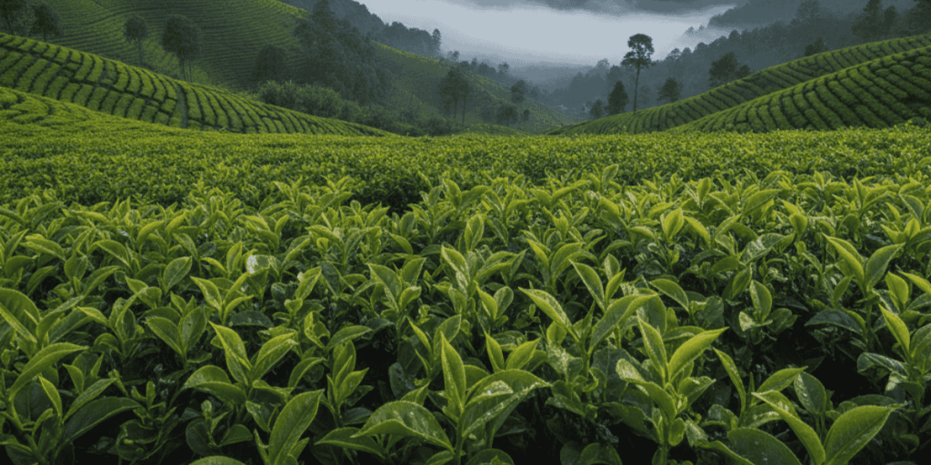 Lush high-altitude tea gardens in misty mountain terrain, illustrating the high altitude tea benefits of slow growth and enhanced flavour development