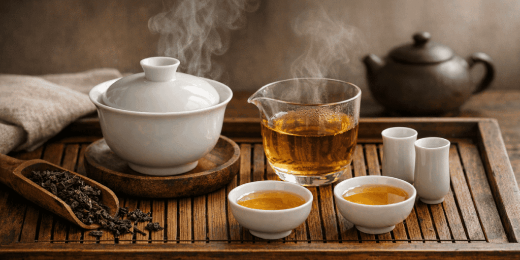 Traditional tea set with gaiwan and tasting cups in use, demonstrating Gong Fu Brewing techniques that enhance aroma and flavour