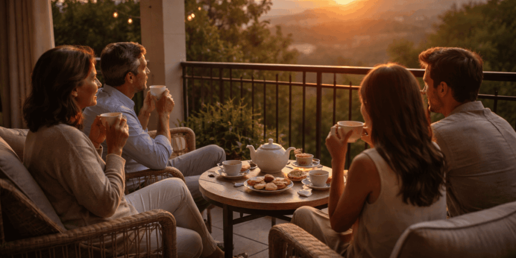 Guests enjoying tea and pastries on a terrace at sunset, showcasing an elegant Afternoon Tea Menu designed for relaxed hosting